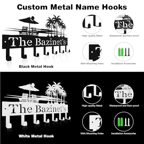 Personalized Metal Key Holder Wall Mount, Black Custom Key Holder for Wall, Wall Key Rack with 6–12 Hooks for Keys, Modern Home Entryway Organizer - color: Palm Tree & Beach