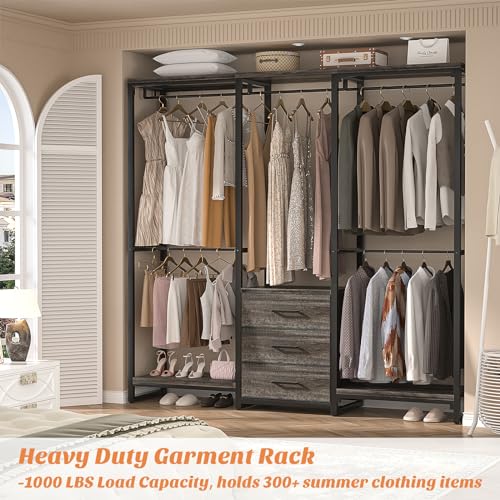 Aheaplus Garment Rack Heavy Duty Clothes Rack for Hanging Clothes,Clothing Rack with Drawers, Wood Stoarge Shelf Wardrobe Rack, Freestanding Closet Corner L Shaped Closet System Organizers,Black Oak - color: Black Oak