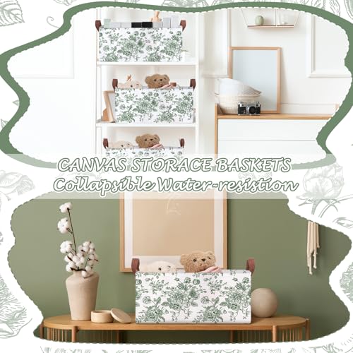 Boao 3 Pcs Sage Green Floral Storage Bin Collapsible Large Storage Baskets for Gifts Canvas Laundry Basket Foldable Box with Handle for Office Home Bedroom Clothes - style: Green Flower
