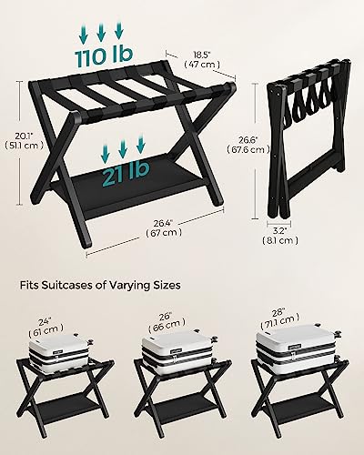 SONGMICS Luggage Rack, Folding Suitcase Stand with Storage Shelf, for Guest Room, Hotel, Bedroom, Heavy-Duty, Holds up to 131 lb, Classic Black URLR007B01 - color: Classic Black, size: 1 Pack