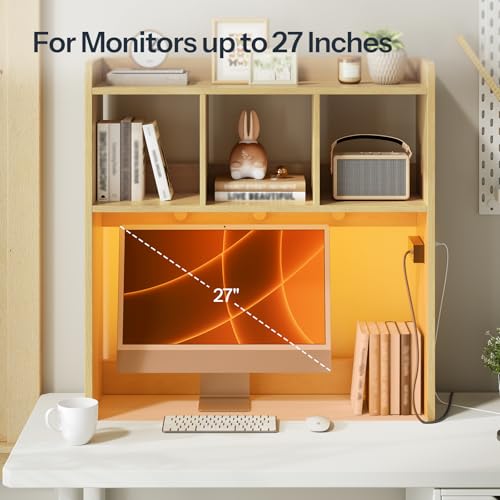 HOOBRO Desktop Bookshelf, Office Desktop Shelf, Desk Hutch with Outlets, Wooden Office Desktop Bookcase, Desktop Organizer Shelf with LED Light Strip and 3 Hooks, for Home, Study, Natural NL12UDSJ01 - color: Natural