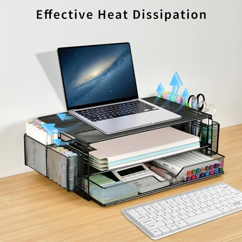 AUPSEN 2 Tier Computer Monitor Stands with Drawer and 2 Pencil Holder, Metal Monitor Stand Monitor riser, Computer Desk Organizer and Accessories for Laptop, Computer, Printer, Office Supplies(Black) - color: Black Metal