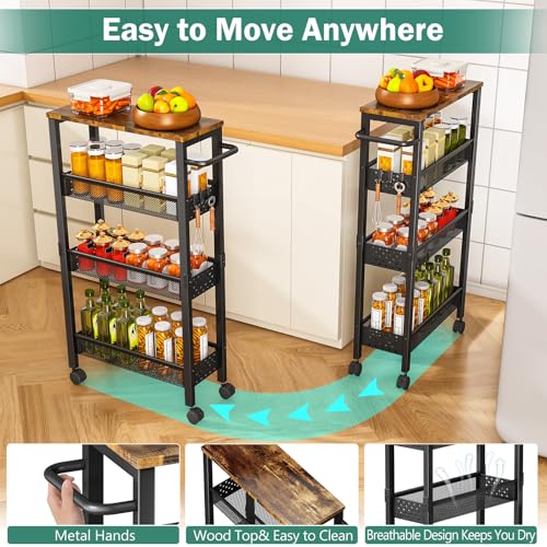 Vivihomety Utility Slim Storage Cart with Wheels, 4 Tier Small Rolling Cart with Wood Top, Metal Kitchen Bathroom Laundry Room Organization Trolley with Handle for Narrow Space – Black - color: Black, size: 7.1 inch wide