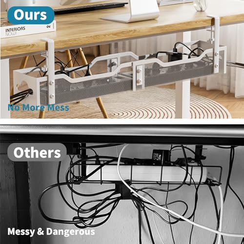 Under Desk Cable Management Tray White, Litwaro Cable Management Under Desk No Drill, 25'' Cable Tray with Clamp for Wire Management, Cord Organizer for Office, Home - No Damage to Table - color: White, size: 25"