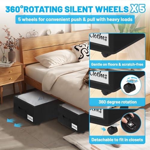 Under Bed Storage with Wheels, 2-Pack 10" Height XXL 60L Rolling Storage Bins, Quick Assembly Underbed Shoe Storage Containers with Clear Lid & Label, Dorm Under Bed Drawers for Clothes, Shoes, Grey - color: Black-2 Pack, size: 9.5 Inch Tall - Clear Lid