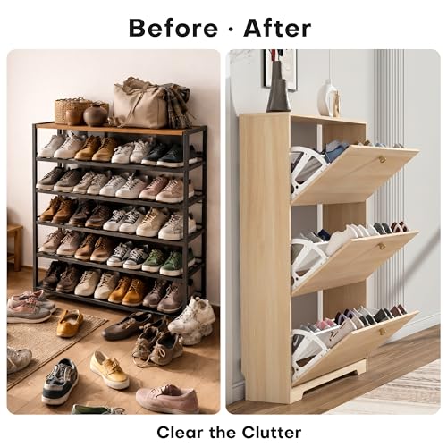 Nicetree Shoe Cabinet with 2 Flip Drawers，Freestanding Shoe Storage Cabinet, Narrow Shoe Organizer Cabinet, Farmhouse Slim Shoe Rack Cabinet for Entryway,Natural Oak with Hook - color: Natural Oak, style: 3-Drawers with Hook