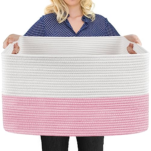 MEGASKET Large Pink Storage Basket, 22" x 17" x 12" Rectangle Cotton Rope Bin for Organizing, Woven Blanket storage for Living Room, Kids Toy Bin Box, Decorative Nursery Storage, Pink Room Decor - color: White & Pink