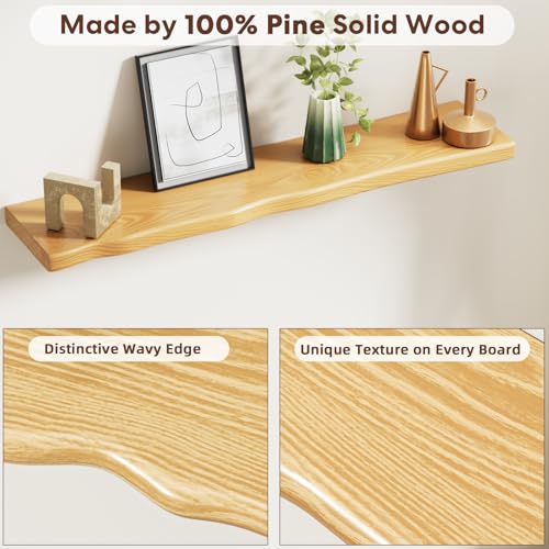Floating Shelves for Wall Rustic Farmhouse 36 Inch Floating Shelf Bathroom Wooden Shelves for Wall Mounted Live Edge Pine Shelf with Unique Natural Grain for Living Room Bedroom Kitchen (Natural) - color: Natural, size: 36 inch - 2pcs