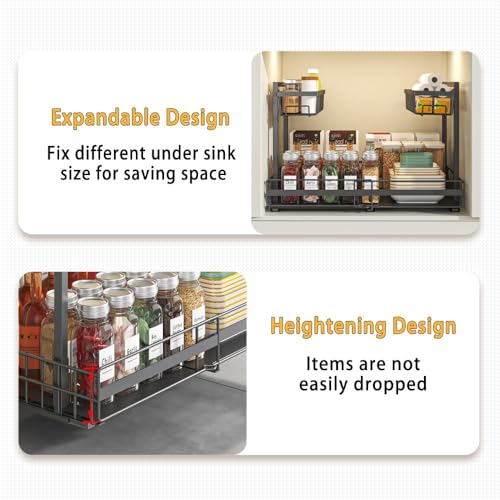 Expandable Under Sink Organizer with 3-Level Height Adjustment,2 Tier Under Sink Organizer Pull-Out Under Sink Drawers Cabinet Organizer for Kitchen & Bathroom Storage,Black - size: small