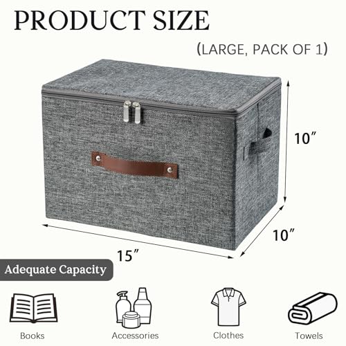 Storage Bins with Zipper Lid Foldable Fabric Lidded Storage Boxes Baskets Cubes Washable Collapsible PU Leather Handle Cotton Linen Fabric Shelf Closet Organizer Container(Gray, Large Size) - color: Gray, size: Large ( Set of 1 )