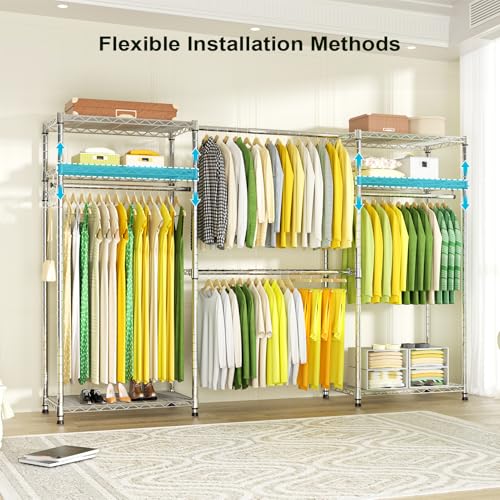 Ulif E1 Heavy Duty Closet Garment Rack, 6 Tiers Adjustable Metal Freestanding Expandable Clothing Storage with 4 Hanger Rods, Easy to Assemble Wardrobe, 71.4" H x (70" - 88.2") L x 14" D, Chrome - color: Chrome