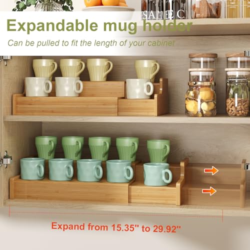 Hongtamoya 2-Tier Expandable Bamboo Mug Holder Coffee Mug Rack Organizer for Countertop, Multi-Functional Mug Display Shelf for Coffee Bar, Kitchen, and Home (15.35"~29.92") - size: (15.35~29.92'')L*8.86''W*4.53''H
