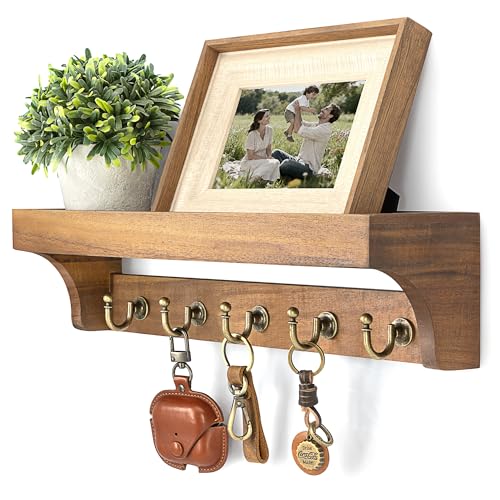 Rebee Vision Acacia Wood Farmhouse Key Holder Wall Mount for Room Decor – Retro Key Holder for Wall with Shelf for Cute Things– Stylish Home Storage for Apartment Essentials (Acacia Wood) - color: Acacia