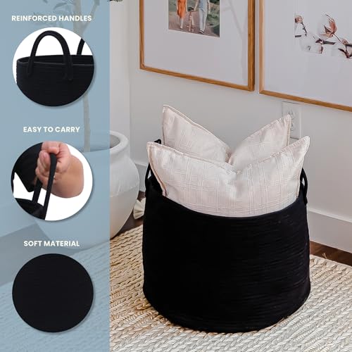 OrganiHaus Large Woven Storage Basket for Blankets and Toys 20" x 13" Inch, Rope Laundry Basket with Handles, Cushions & Pillows Storage Bin, Nursery Hamper, Soft Round Dog Toy Bin - Black - color: Full Black, size: Wide