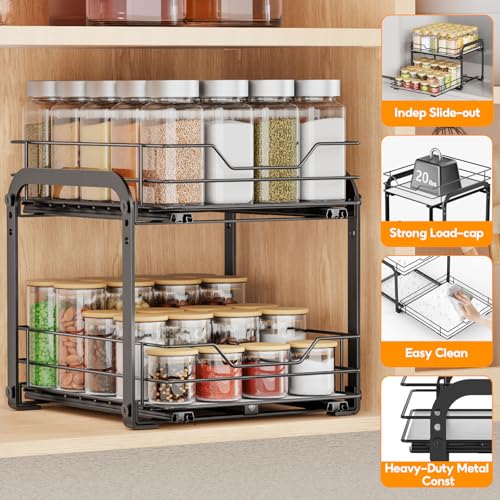 Spice Rack Organizer for Cabinet, 2 Tier Vertical Pull Out Spice Rack – Heavy Duty Metal Spice Organization for Cabinet, 40-Jar Capacity, Height Adjustable Cabinet Organizer (9"W×10.5"D×9"H, Black) - size: 9"W X 10.5"D X 9"H - 2 Tier