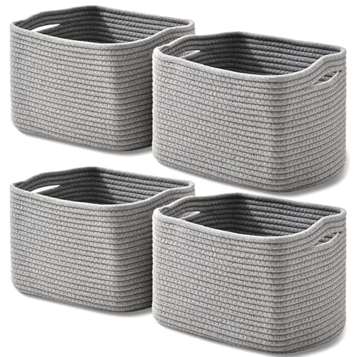 ICERZCZ Small Storage Baskets for Shelves Organizing, Woven Cotton Rope Baskets for Storage, Book Basket, Decorative Shelf Basket, 12.5"Lx9.1''Wx7.9''H (4 Packs) Grey - color: Grey, size: 12.5"(l)×9.1"(w)×7.9"(h)