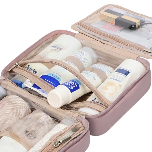NISHEL Travel Toiletry Bag for Women, Makeup Essentials Organizer, Hanging Case for Accessories, Cosmetics, Medium Size, Peach-Pink - color: Peach-Pink, size: Medium