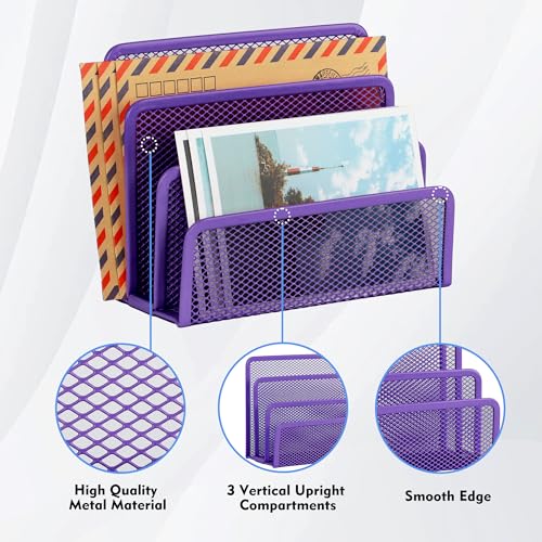 EASEPRES Desk Mail Organizer, Office Small Desktop Metal Mesh Envelope Letter Sorter Paper File Holder Organizer with 3 Vertical Upright Compartments, Purple 2 Pack - color: Purple, size: 2 Pack