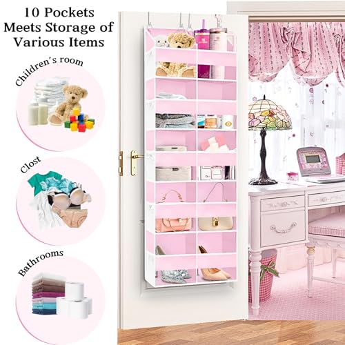 Ofiray-home Pink Over The Door Organizer 5 Tiers, Extra Large Behind Door Storage of 10 Compartments, 50 lbs Weight Capacity Over The Door Storage for Closet, Diaper Organizer - color: Pink - 5 Tiers