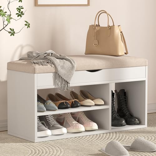 Apicizon 31 Inches Storage Bench with Padded Cushion, Shoe Bench with Storage Space, Upholstered Entryway Bench for Living Room, 2-Tier Shoe Rack Organizer, White - color: A-white, size: 31 Inch