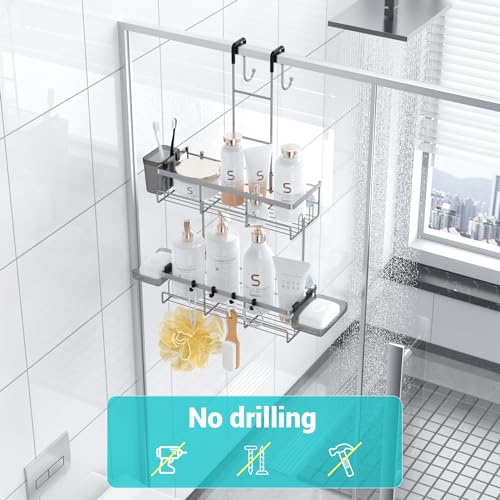Aitatty Hanging Shower Caddy Over Door: Silver Rustproof Shower Organizer over the Door - No Drilling Bathroom Rack for Inside Shower - color: Silver