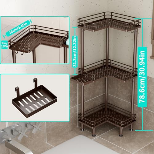 HapiRm Corner Shower Caddy Standing - 3 Tier Shower Organizer Corner with Soap Holder, Rustproof Bathroom Standing Organizer with 4 Hooks, Bronze - color: Bronze, size: 3-tier