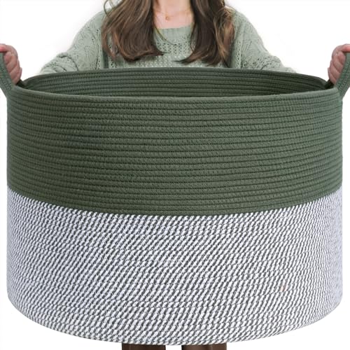 INDRSSME Large Laundry Storage Basket, 21.7 x13. 8 - Decorative Rope Blanket Basket for Organizing Bedroom, Living Room, Nursery, Toy Storage for Colthes Towel, Empty Gift Baskets -Green - color: Green & White, size: 21.7"D x 13.8"H