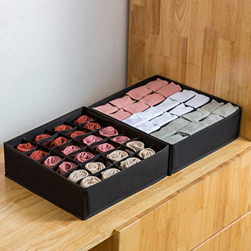 Qozary 2 Pack Socks Underwear Drawer Organizer Divider, 24 Cell or 16 Cell Collapsible Cabinet Closet Organizer Storage Boxes for Clothes, Socks, Lingerie, Underwear, Ties - color: Black, size: 24 Cells