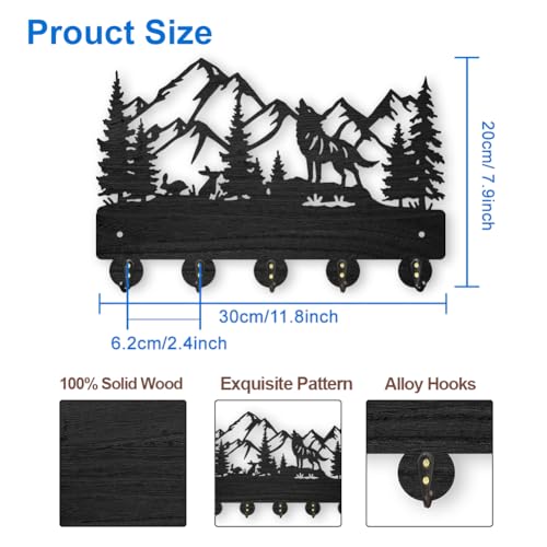 MAYJOYDIY Wolf Rabbit Forest Coat Hooks Wood Animal Moutain Key Holder Wall Mount 11.8×7.9inch Key Hanger Wall Art Decor 5 Alloy Hooks Black Key Rack Organizer for Gift Entryway Hallway Kitchen Room - color: Wolf Rabbit Forest