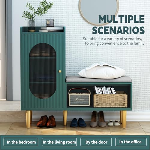 HLR Storage Bench with Glass Door&Shelf, Modern Entryway Shoe Cabinet Bench with Padded Seat, Green L-Shaped Storage Cabinet for Hallway, Bedroom, Living Room, Office - color: Green, size: 1Piece