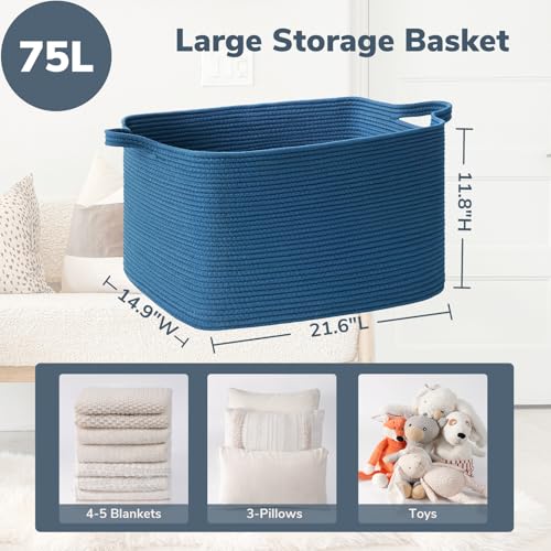 Goodpick Large Blanket Basket, Storage Baskets for Organizing, Rectangle Woven Basket for Clothes, Towels, Toy Baskets Storage Kids, 21.6" x 14.9" x 11.8" - color: Dark Blue, size: Large(21.6"L x 14.9"W x 11.8"H)