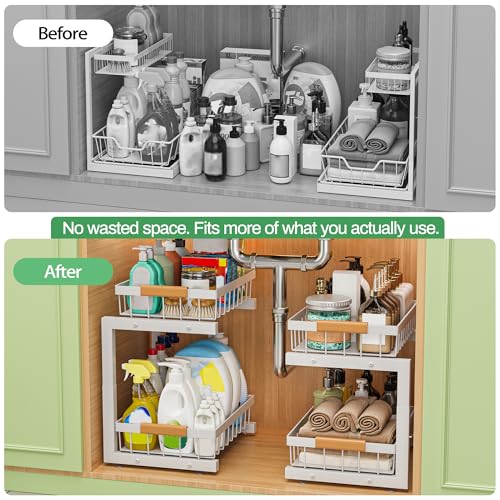 Under Sink Organizer, 2 Pack 2 Tier Expandable Height Under-Sink Bathroom Kitchen Organizers And Storage