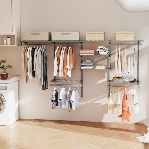 Giantex Closet Organizer System, Wall-mounted Custom Closet Kit w/Adjustable Storage Shelves, Wardrobe Clothes Rack w/Hanging Rods, Perfect for Coats, Pillows, Blanket (Gray, 98.5"x13.5"x48) - color: Gray, size: 98.5"x13.5"x48