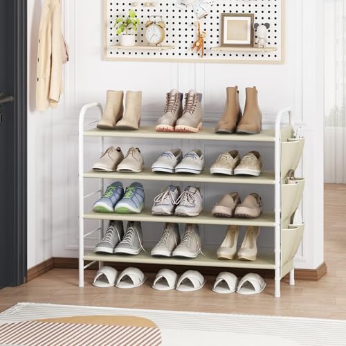SUOERNUO Shoe Rack Storage Organizer 4 Tier Free Standing Metal Shoe Shelf Compact Shoe Organizer with Side Bag for Entryway Closet Bedroom,Beige - color: Beige, size: 4 Tier