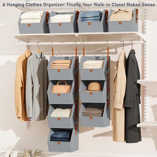 DIMJ Hanging Closet Organizer - 4 Tier Collapsible Hanging Shelves with Hooks Zipper, Fabric Clothes Organizer, Space-Saving Storage Bin Basket for RV, Bedroom, Laundry Organization - color: Grey, size: 8 Pack