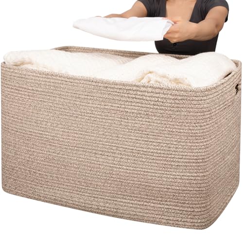 OIAHOMY 118L XXXLarge Cotton Rope Storage Basket, Oversized Blanket Basket, Used for Organizing Dirty Clothes in Living Room, Bedroom, Nursery, Dog Toy Storage Bins, 25" x 17" x 16",Brown variegated - color: Brown