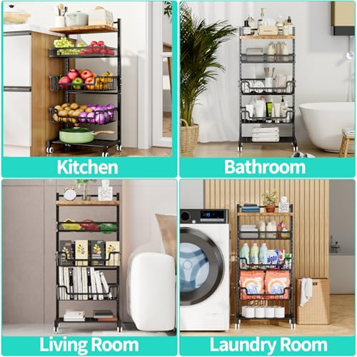 HapiRm Fruit Basket Kitchen Cart - 5 Tier Adjustable Vegetable Storage Rack, Large Capacity Rolling Kitchen Carts on Wheels for Snack Onion and Potato Storage - size: 5 Tier - Standard