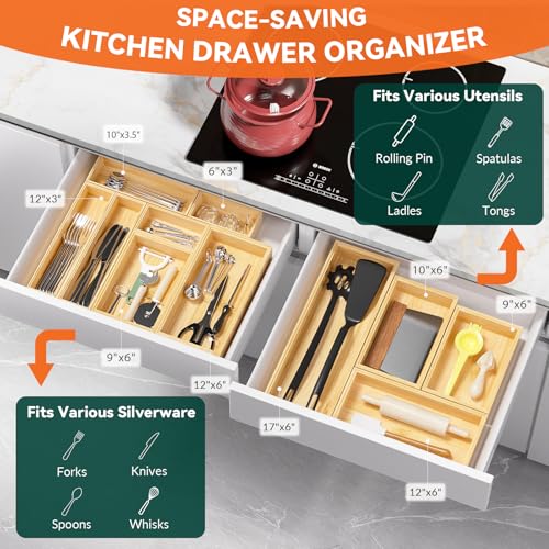 Lixple Bamboo Drawer Organizer for Kitchen Utensils, 2 Pack Stackable Bamboo Kitchen Drawer Organizers, Silverware & Utensil Drawer Trays, 10" x 6" x 2" (Outer), 9.3" x 5.3" x 1.3" (Inner) - color: Yellow, size: 10 x 6 x 2 Inch