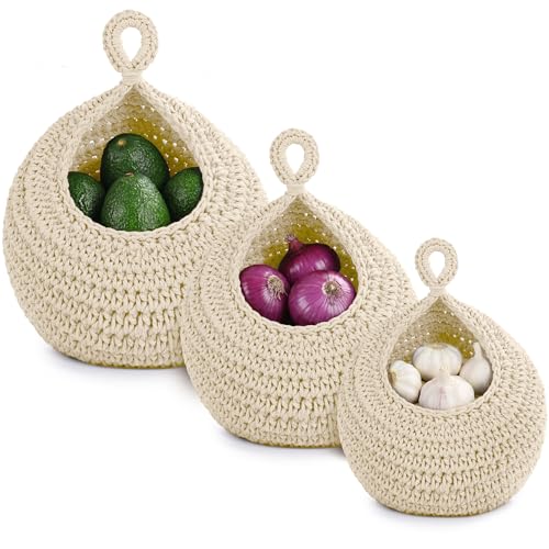 Hanging Storage Baskets Boho Decor Set of 3, Handmade Cotton Rope Wall-Mounted Fruit & Vegetable Baskets, Decorative Hanging Organizers for Kitchen, Entryway, Bathroom & Bedroom - color: Off White