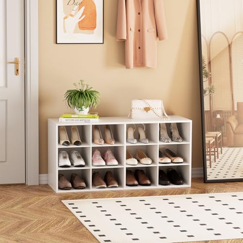 Garden 4 you Shoe Storage Bench, Cubby Shoe Rack with 12 Cubbies, 3-Tier Wood Shoe Rack Organizer, Shoe Organizer Cabinet for Entryway, Hallway, Closet and Garage, White - color: White, size: 12-cube 3-tier