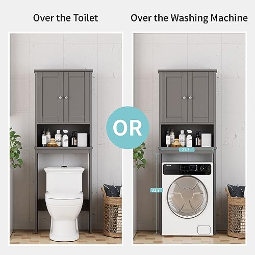 Shintenchi Over the Toilet Storage Cabinet, Bathroom Shelf Organizer with Anti-Tip Device Small Freestanding Space Saver with Adjustable Shelf, Gray - color: Grey, size: Wood Door