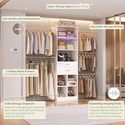 Besiost Closet System, 4-8 FT Closet Organizer Tower with 2 Wooden Drawers and Shelves, Can Fit 60 to 96 inch Walk-in Closet System with 5 Hanging Rods, Built-in, White - color: White