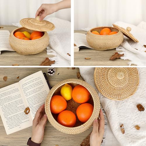 Hipiwe Round Rattan Basket Box with Lid Hand-Woven Wicker Basket Bin Tray Multi-Purpose Picnic Food Bread Storage Basket Decorative Box for Home Bathroom Shelf Organizing, Small - size: Small,7.9"D x 4.1"H