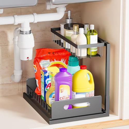 VUSIGN Under Kitchen Sink Organizer 2 Tier, Pull Out Under Sink Organizers and Storage, Bathroom Cabinet Kitchen Organization Storage Shelf, 1 Pack Black - color: Black, size: 1 Pack