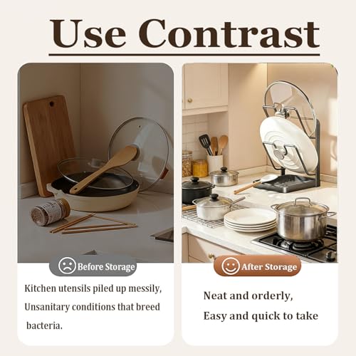 Kitchen Pot Lid Storage Rack, Carbon Steel Pot Lid Holder with Spoon Rest While Cooking, Multifunctional Countertop Organizer with Removable Drip Tray for Cutting Boards, Ladles