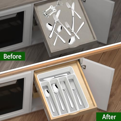 Loyareal Silverware Organizer 2 Pieces Utenisl Organizer Holder Kitchen Drawer Organizer Plastic Silverware Tray for Drawer Flatware Organizer 5 Compartment White - color: White, size: 5 Slots-2 Pack