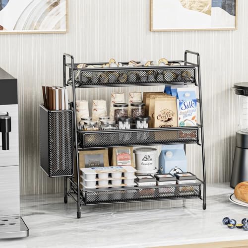 EKNITEY Bathroom Countertop Organizer Shelf - 3 Tier Counter Spice Rack Metal Makeup Rack Small Coffee Station Organizer for Sink/Bedroom/Living room/Kitchen/Office - color: Black with Basket