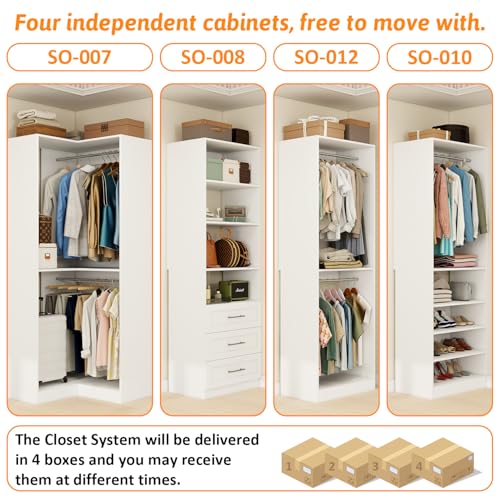 Closet Organizer System of 4 Sets with 3 Drawers, 9 Hanging Rods & 8 Shelves, 157" Walk in Closet System, Corner Closet Organizer, Modular Standalone Closet, White