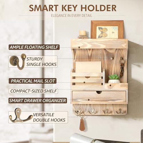 Rebee Vision Farmhouse Key Holder Wall Mount with Drawer Organizer – Wooden Mail & Key Organizer with 6 Strong Hooks & Wall Shelf – A Perfect Addition to Your Farmhouse Home Decor (Natural Wood) - color: Natural Wood, style: Large Drawer