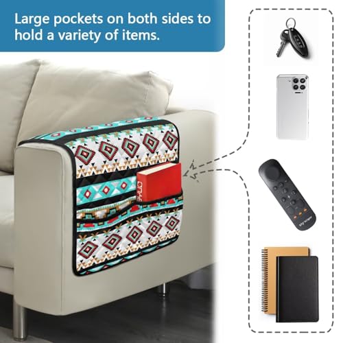 Blue Aztec Tribal Geometry Print Armrest Cover for Sofa Control Holder Sofa Armrest Organizer for Magazine, Tablet, Phone, iPad Chair Arm Covers 44x20 inch Couch Cover - color: Blue Aztec Tribal Geometry